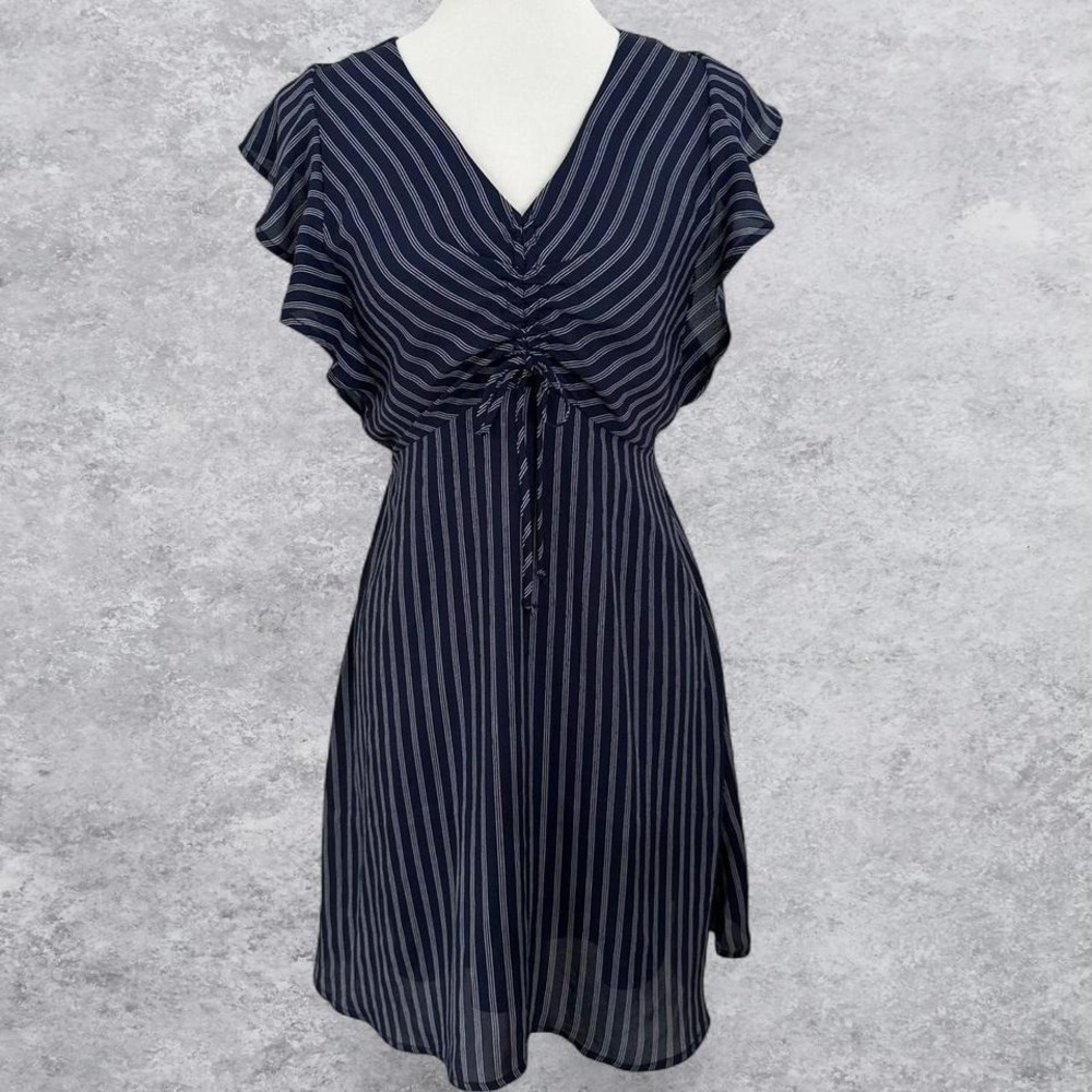 Monteau Navy and White Pinstripe V-Neck Tie-Waist Dress